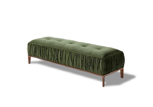 banqueta tapizada clásica verde con patas en madera natural