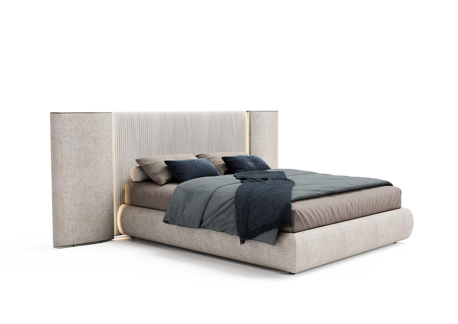 cama blanca con led en el cabecero