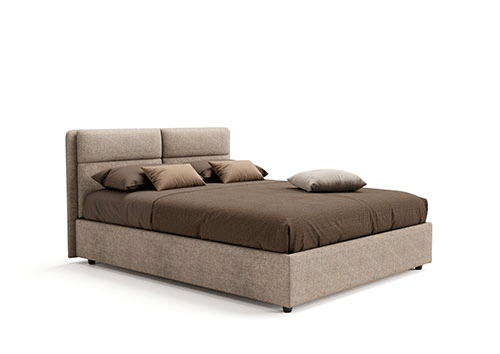 cama de matrimonio marrón claro con cabecero textil y almohada doble