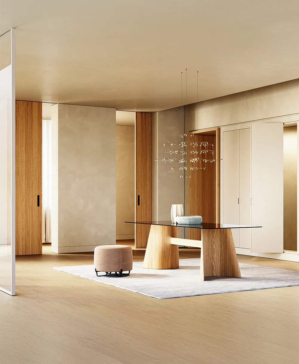 Salón con puerta correderas en madera de roble que se ocultan en la pared