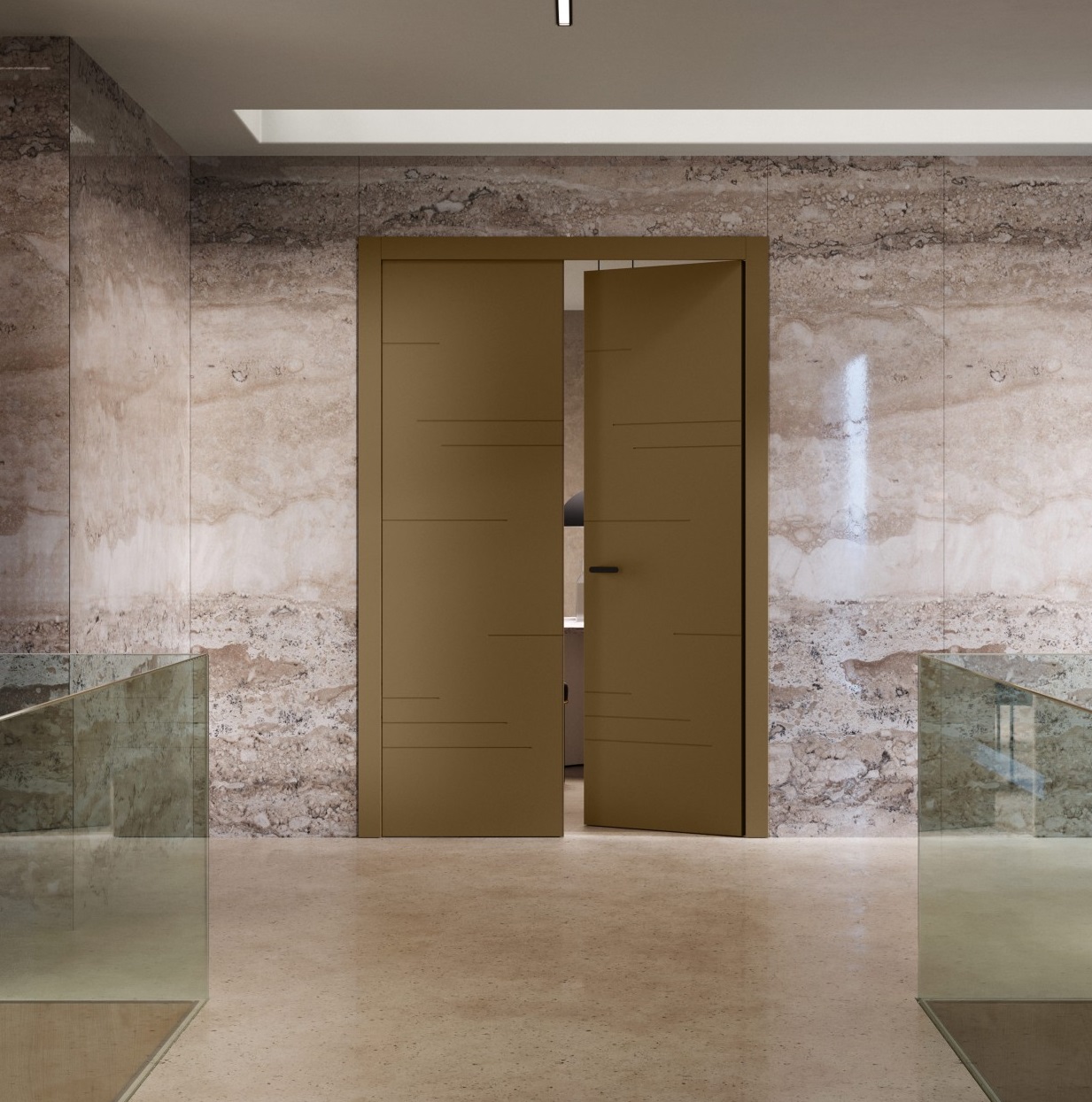 puerta lacada NCS en una sala con suleo en marmol