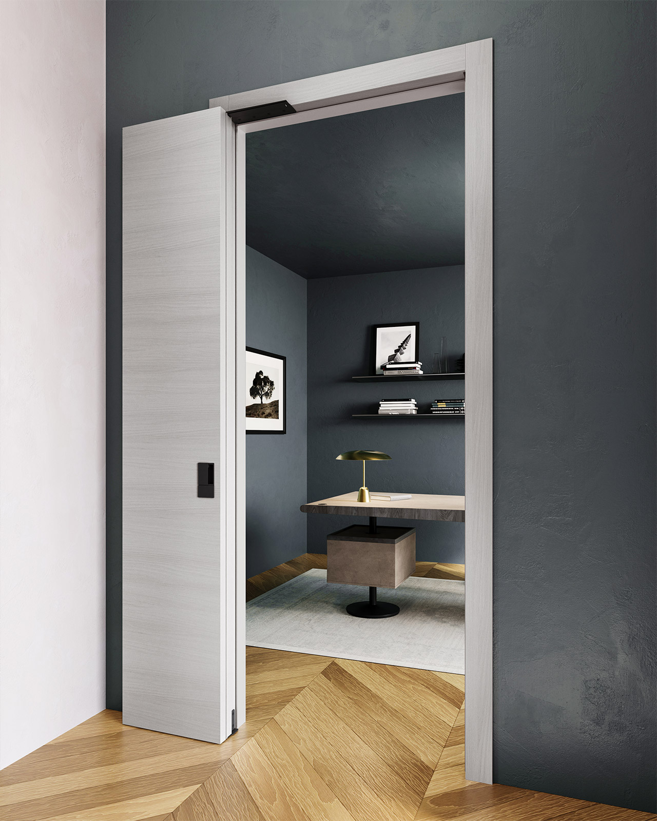 puerta lacada NCS en un despacho con suelo en madera natural a espiga
