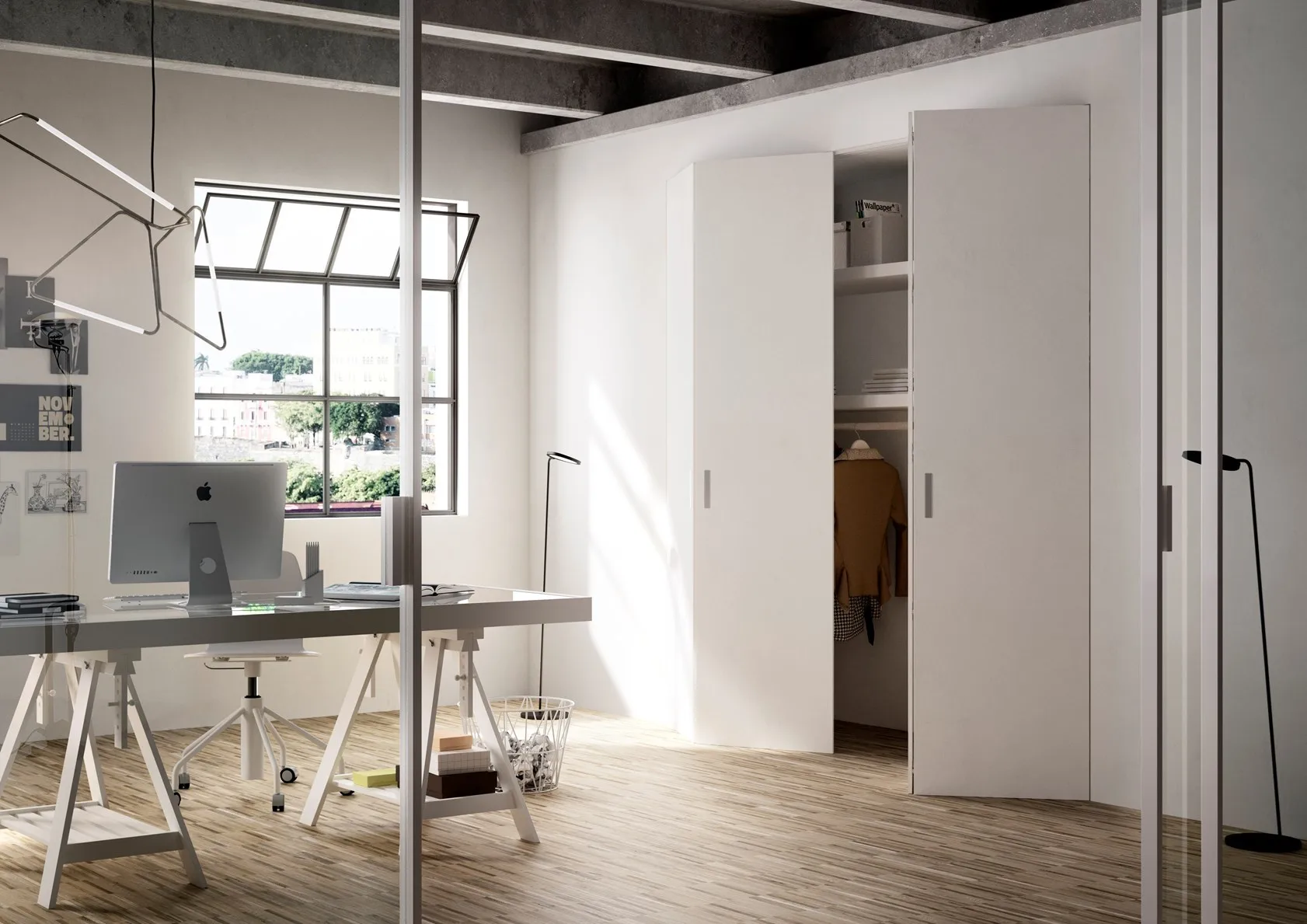 vestidor con puertas plegables blancas y suelo en madera natural