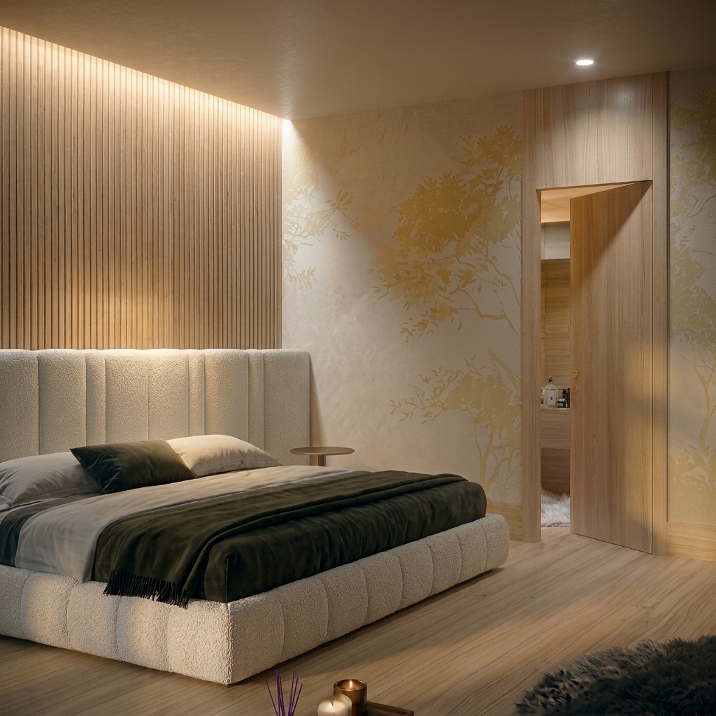 dormitorio con cama tapizada blanca de lujo y puerta en madera natural con tarja