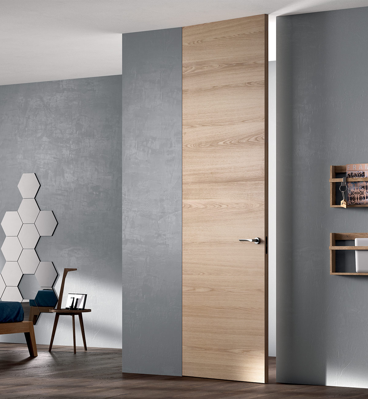 Puerta con marco oculto de suelo a techo en madera