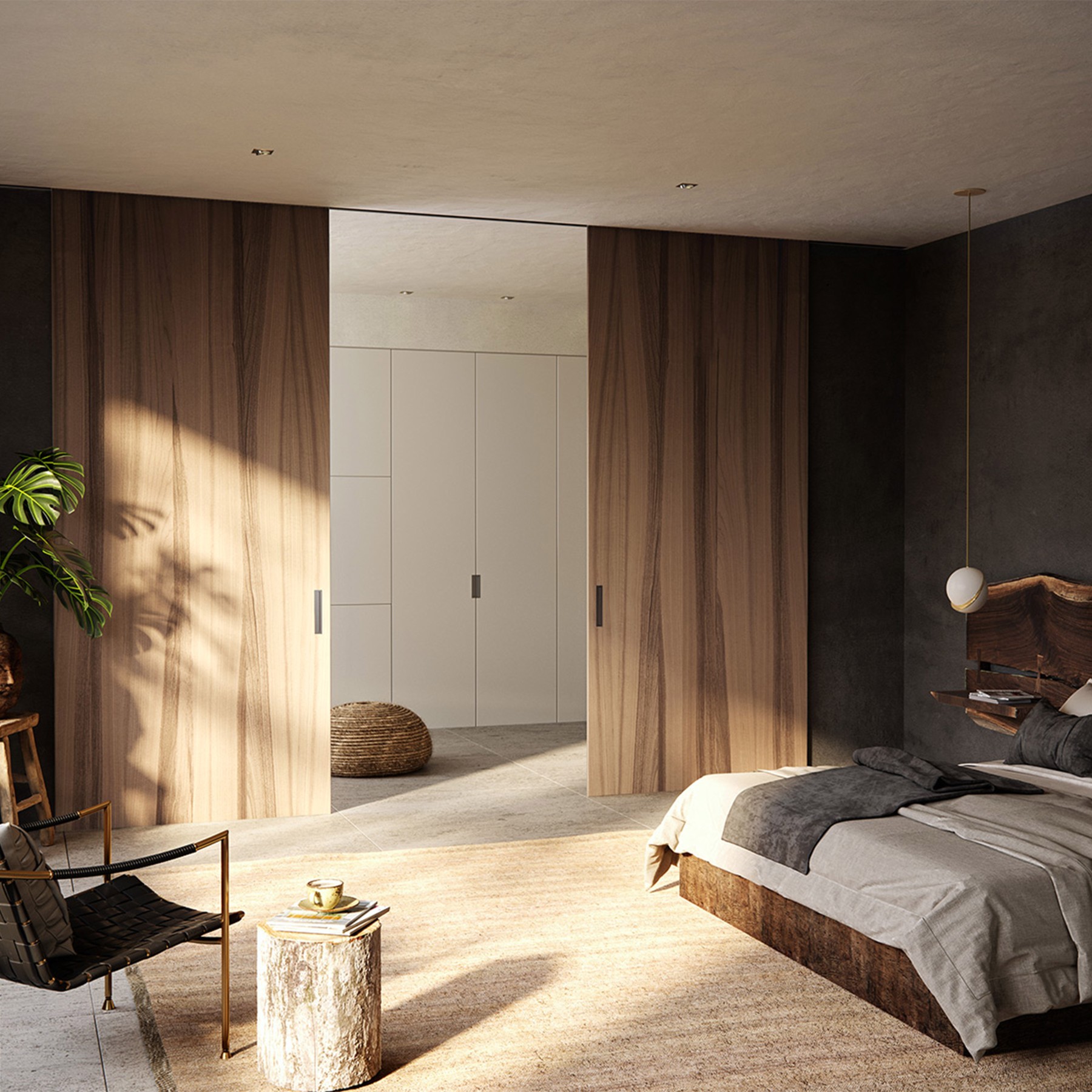dormitorio con puertas correderas en nogal con guía a techo y camas tapizada premium